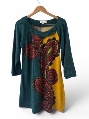 Aryeh Paisley  Dress Tunic Artsy Retro Mustard Teal Soft Knit XL